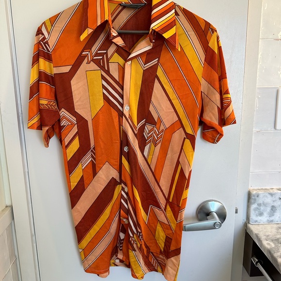 Vintage Geometric Orange Mens Shirt - Picture 4 of 5